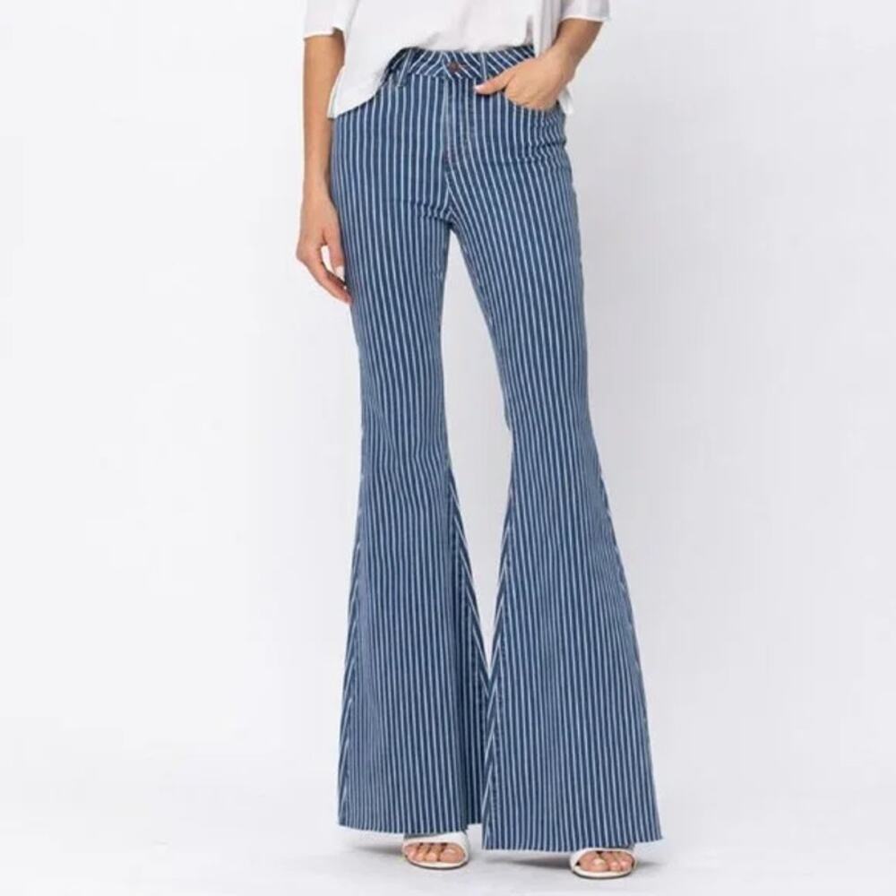 Judy Blue Women's Super Flare High Rise‎ Stretch Jeans Bell Bottom Blue White 28